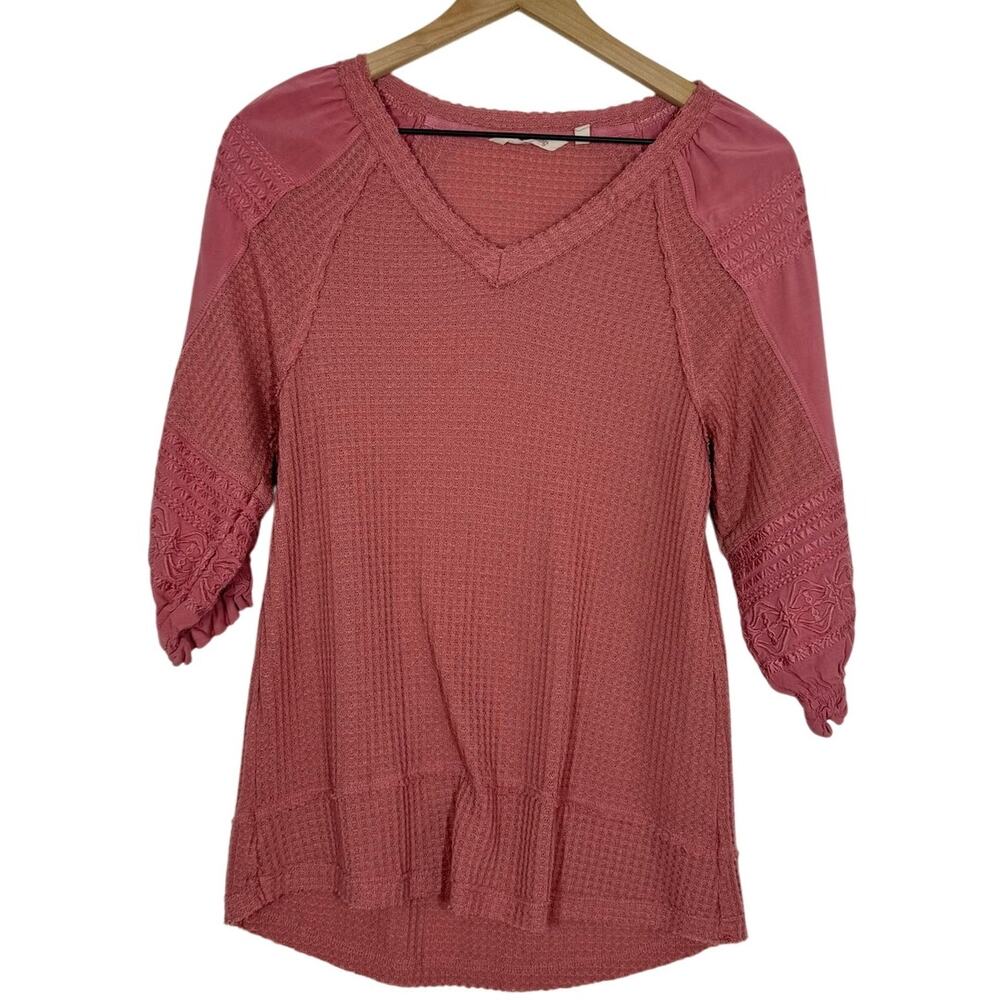 Soft Surroundings Waffle Knit Top Womens XS Pink Embroidered‎ Peasant Boho Shirt